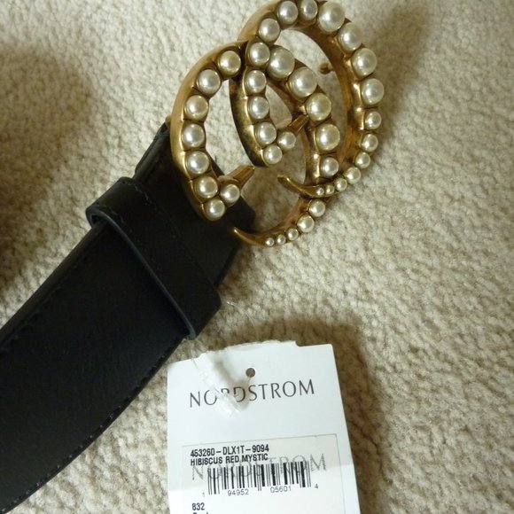 GUCCI Pearl Embellished \'GG\' Logo Smooth Leather Belt (Black) 90cm - NEW main image 7